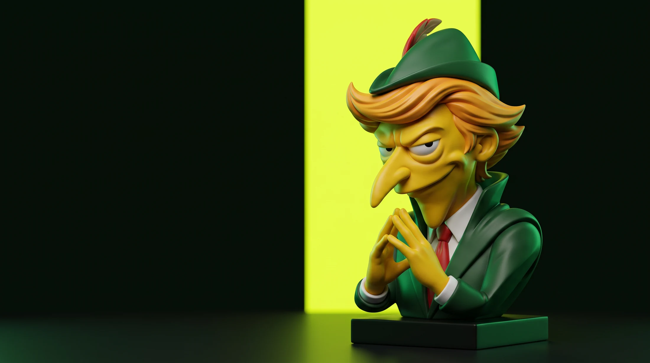 A sculptural ROBURN HOOD with orange hair, a green feathered hat and steepled hands, lit by Robinhood-inspired neon green.